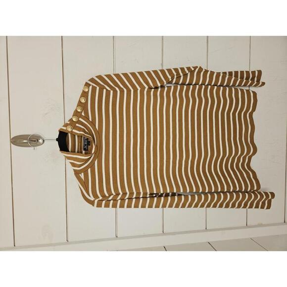 J Crew large brown & white striped mock neck shirt with gold button accent - Picture 1 of 4